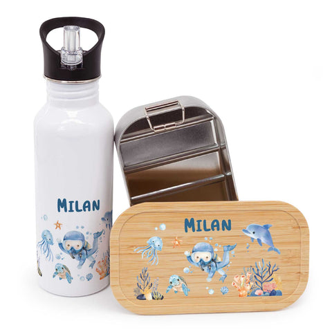 Bedruckte Brotdose & Trinkflasche im Set - Taucher