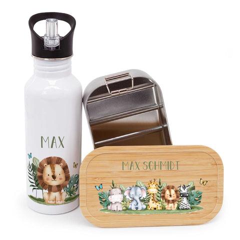 Bedruckte Brotdose & Trinkflasche im Set - Tiergruppe