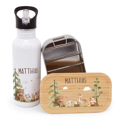 Bedruckte Brotdose & Trinkflasche im Set - Waldfreunde