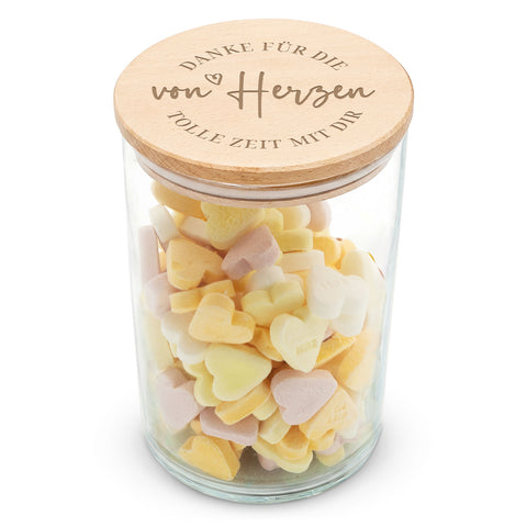 Graviertes Vorratsglas mit Holzdeckel - Danke von Herzen V2