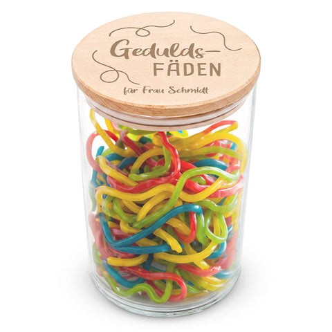 Graviertes Vorratsglas mit Holzdeckel - Geduldsfäden