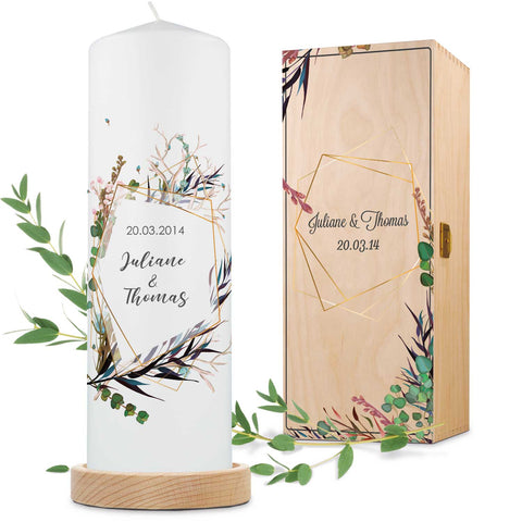 Große Kerze "Flower Polygon" - Hochzeitskerze mit Namen, Datum & Wunschtext