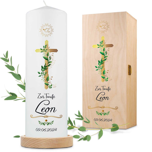 Große Kerze "Goldenes Kreuz" - Taufkerze mit Name, Datum & Wunschtext GRAVURZEILE