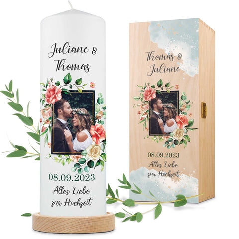 Große Kerze - "Hochzeitsfoto" - Hochzeitskerze mit Foto, Namen, Datum & Wunschtext