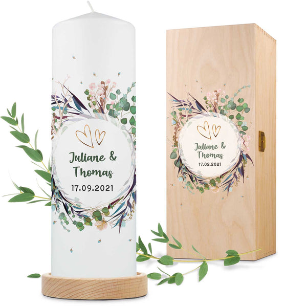 Große Kerze "Flower Wedding" - Hochzeitskerze mit Namen, Datum & Wunschtext GRAVURZEILE