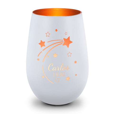 Deko Windlicht aus Glas mit Gravur - Sternschnuppe - Personalisiert mit Namen & Datum