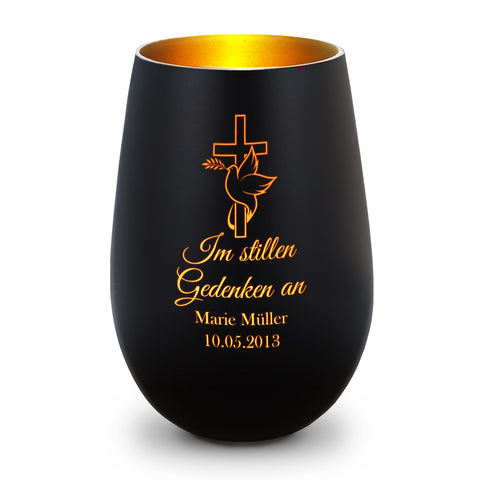 Deko Windlicht aus Glas mit Gravur - Im Stillen Gedenken - Personalisiert mit Namen & Datum - Trauer