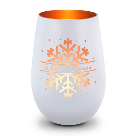 Deko Windlicht aus Glas mit Gravur - Schneeflocke - Personalisiert mit Namen - Geschenk zu Weihnacht