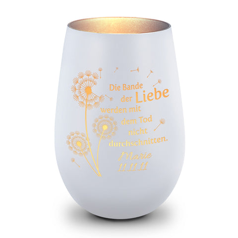 Deko Windlicht aus Glas mit Gravur - Pusteblumen - Personalisiert mit Namen & Datum