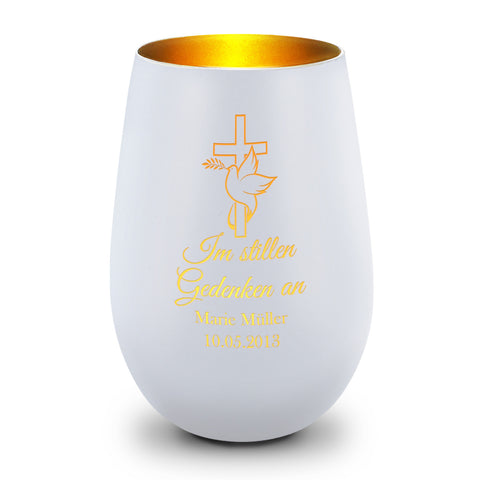 Deko Windlicht aus Glas mit Gravur - Im Stillen Gedenken - Personalisiert mit Namen & Datum - Trauer