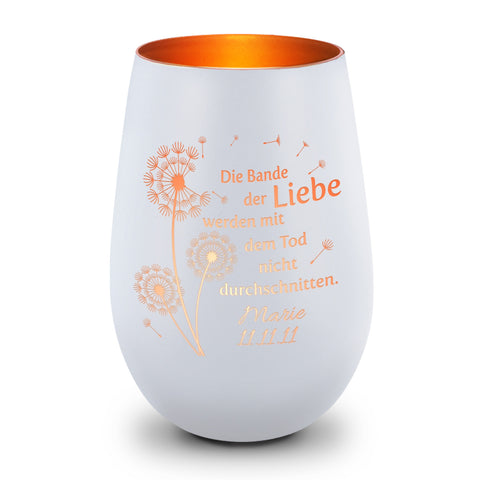 Deko Windlicht aus Glas mit Gravur - Pusteblumen - Personalisiert mit Namen & Datum