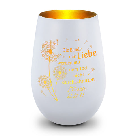 Deko Windlicht aus Glas mit Gravur - Pusteblumen - Personalisiert mit Namen & Datum