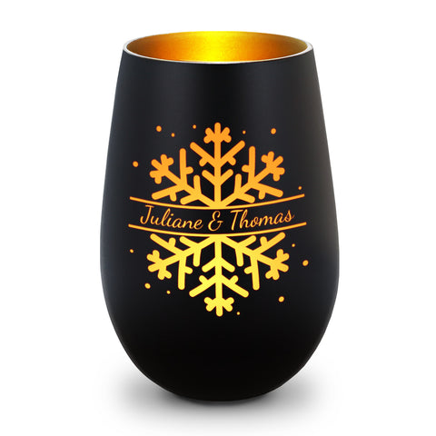 Deko Windlicht aus Glas mit Gravur - Schneeflocke - Personalisiert mit Namen - Geschenk zu Weihnacht