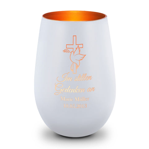 Deko Windlicht aus Glas mit Gravur - Im Stillen Gedenken - Personalisiert mit Namen & Datum - Trauer