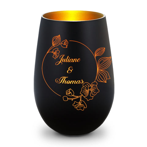 Deko Windlicht aus Glas mit Gravur - Nature Circle Flower - Personalisiert mit Namen