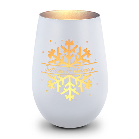 Deko Windlicht aus Glas mit Gravur - Schneeflocke - Personalisiert mit Namen - Geschenk zu Weihnacht