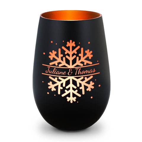 Deko Windlicht aus Glas mit Gravur - Schneeflocke - Personalisiert mit Namen - Geschenk zu Weihnacht