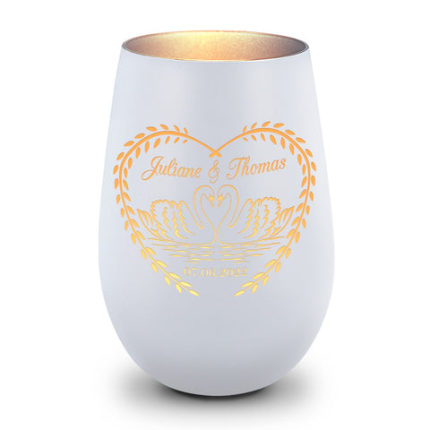 Deko Windlicht aus Glas mit Gravur - Schwanenherz v2 - Personalisiert mit Namen & Datum