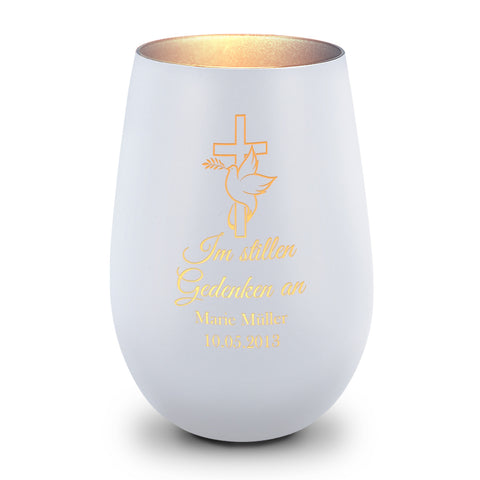 Deko Windlicht aus Glas mit Gravur - Im Stillen Gedenken - Personalisiert mit Namen & Datum - Trauer
