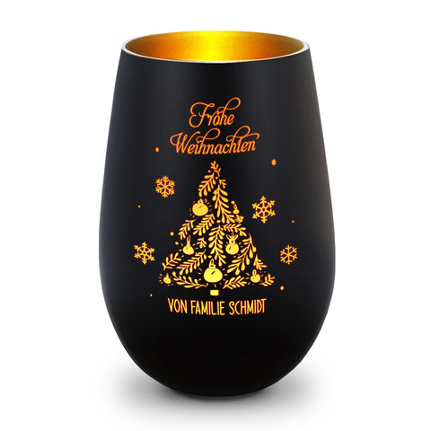 Deko Windlicht aus Glas mit Gravur - Frohe Weihnachten - Personalisiert mit Namen