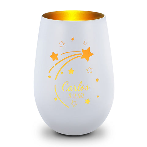 Deko Windlicht aus Glas mit Gravur - Sternschnuppe - Personalisiert mit Namen & Datum