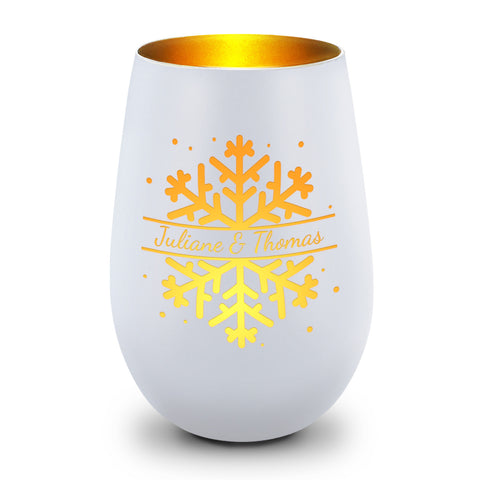 Deko Windlicht aus Glas mit Gravur - Schneeflocke - Personalisiert mit Namen - Geschenk zu Weihnacht