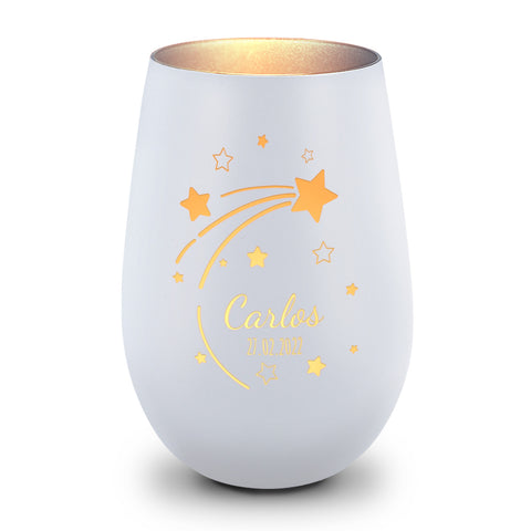 Deko Windlicht aus Glas mit Gravur - Sternschnuppe - Personalisiert mit Namen & Datum