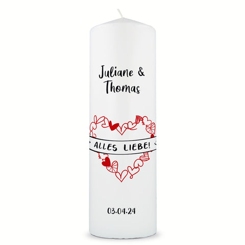 Große Kerze "Alles Liebe" - Hochzeitskerze mit Namen, Datum & Wunschtext