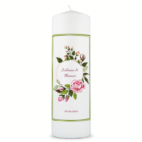 Große Kerze "Green Flower" - Hochzeitskerze mit Namen, Datum & Wunschtext