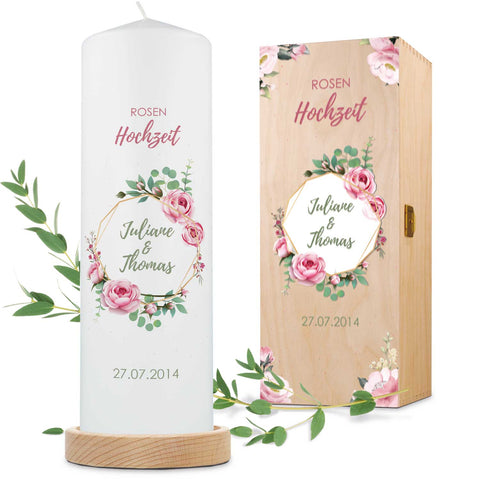 Große Kerze "Rosenhochzeit" - Hochzeitskerze mit Namen, Datum & Wunschtext