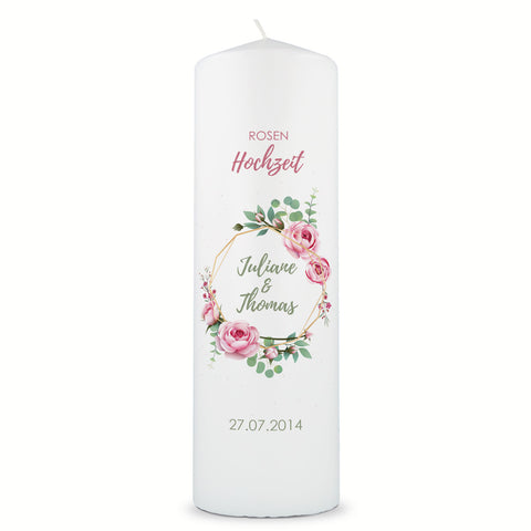 Große Kerze "Rosenhochzeit" - Hochzeitskerze mit Namen, Datum & Wunschtext