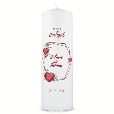 Große Kerze "Rubinhochzeit" - Hochzeitskerze mit Namen, Datum & Wunschtext