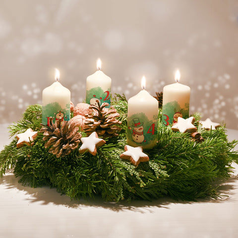 Kleine Kerzen - Advent Schneemann - Adventskerzen im 4er Set