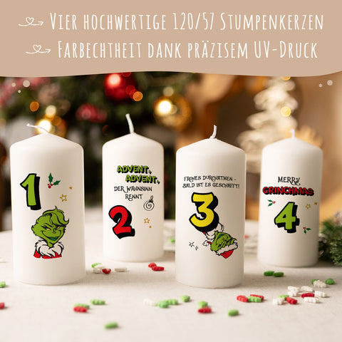 Kleine Kerzen "Advent Grinch" - Adventskerzen im 4er Set