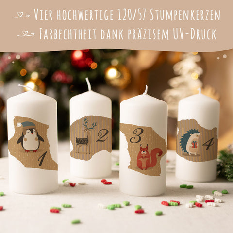 Kleine Kerzen "Advent Tiere Vintage" - Adventskerzen im 4er Set