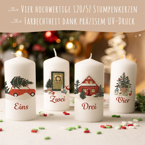 Kleine Kerzen "Advent Weihnachtsmotive" - Adventskerzen im 4er Set