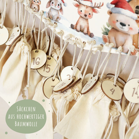 Personalisierter Adventskalender aus Holz mit Druckmotiv & Namen - Schneetiere