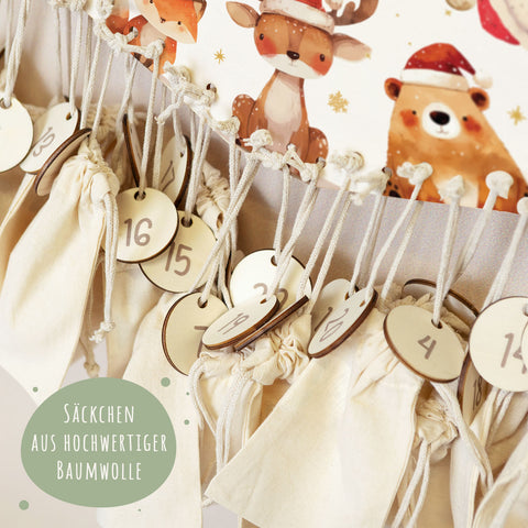 Personalisierter Adventskalender aus Holz mit Druckmotiv & Namen - Waldtiere Mütze