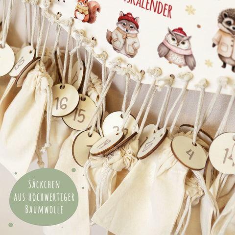 Personalisierter Adventskalender aus Holz mit Druckmotiv & Namen - Waldtiere