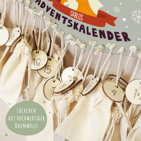 Personalisierter Adventskalender aus Holz mit Druckmotiv & Namen - Wintertiere