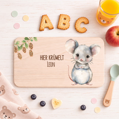 Bedrucktes Frühstücksbrettchen "Hier Krümelt" mit Tiermotiv & Namen