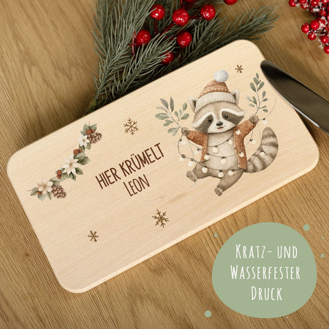 Frühstücksbrettchen zu Weihnachten - Waschbär - personalisiert mit Name