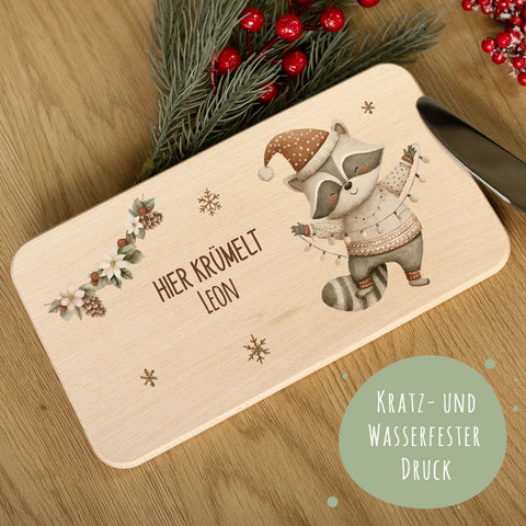 Frühstücksbrettchen zu Weihnachten - Waschbär - personalisiert mit Name