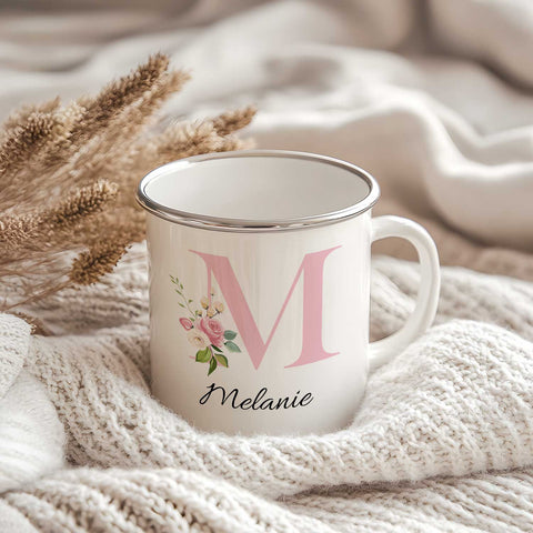 Emaille Tasse - Initial Floral Rosa - Personalisiert mit Namen
