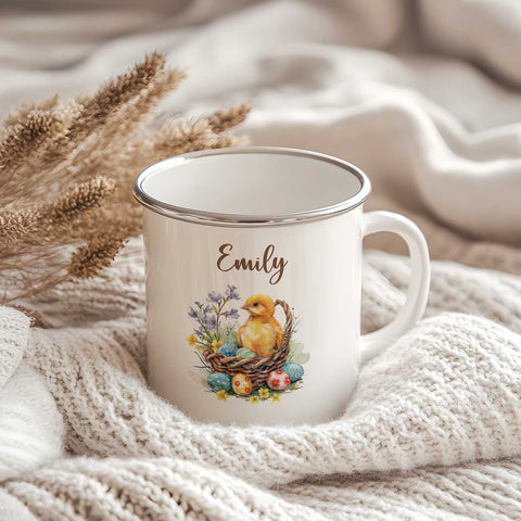 Emaille Tasse für Kinder - Frohe Ostern - Versch. Motive - Personalisiert mit Namen