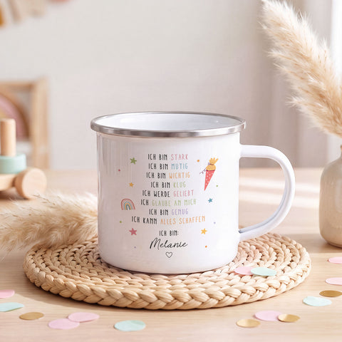 Emaille Tasse für Kinder - Mutmacher - Personalisiert mit Namen