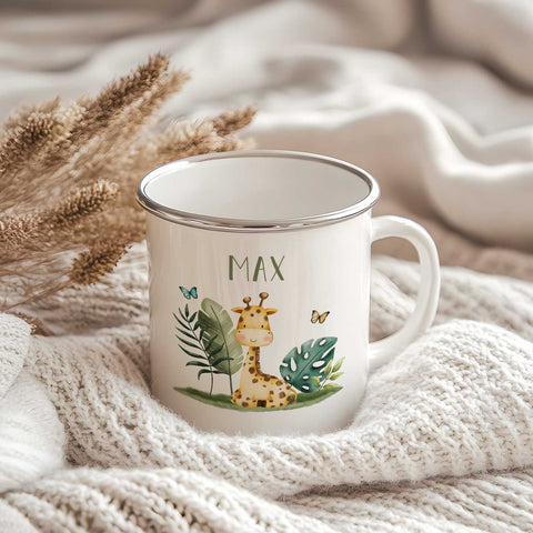 Emaille Tasse für Kinder - Personalisiert mit Namen - Tiergruppe Safari