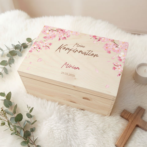 Bedruckte Erinnerungskiste zur Kommunion & Konfirmation - Kirschblüten