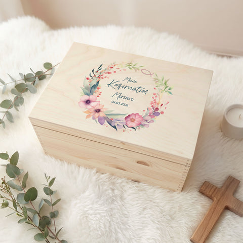 Bedruckte Erinnerungskiste zur Kommunion & Konfirmation - Blumenkranz