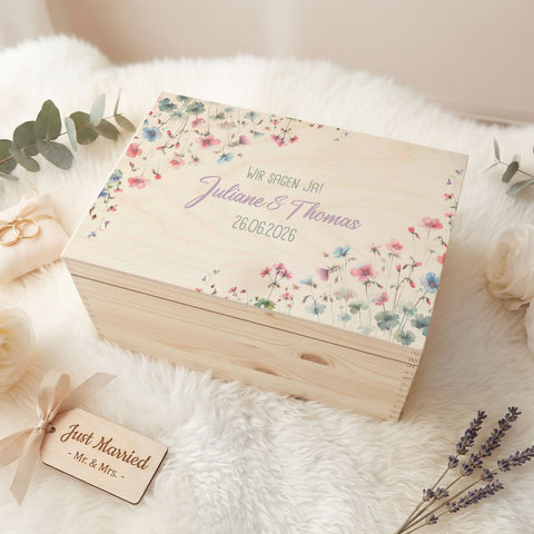 Erinnerungskiste mit UV-Druck im Pastell Flowers Design - Personalisiertes Geschenk zur Hochzeit